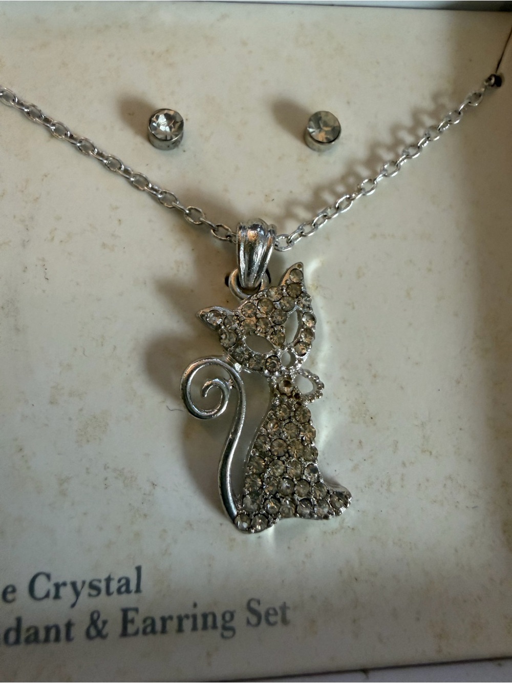 GenuineSilver Crystal Cat Pendant Necklace & Earrings